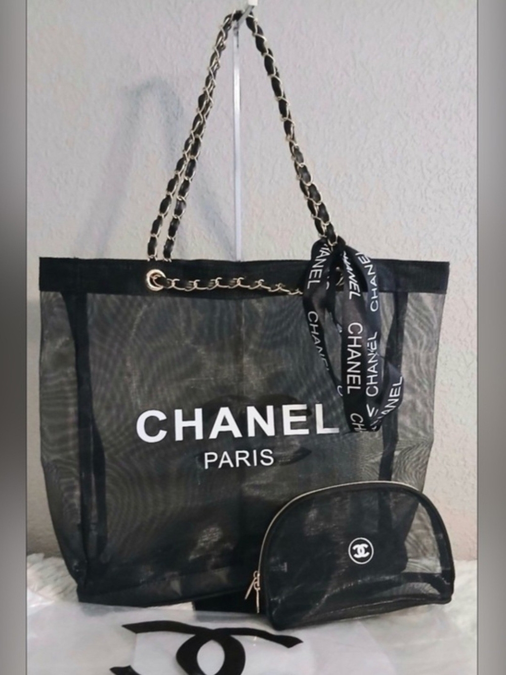 Black Mesh Tote Bag with Chain-Strap and Pouch